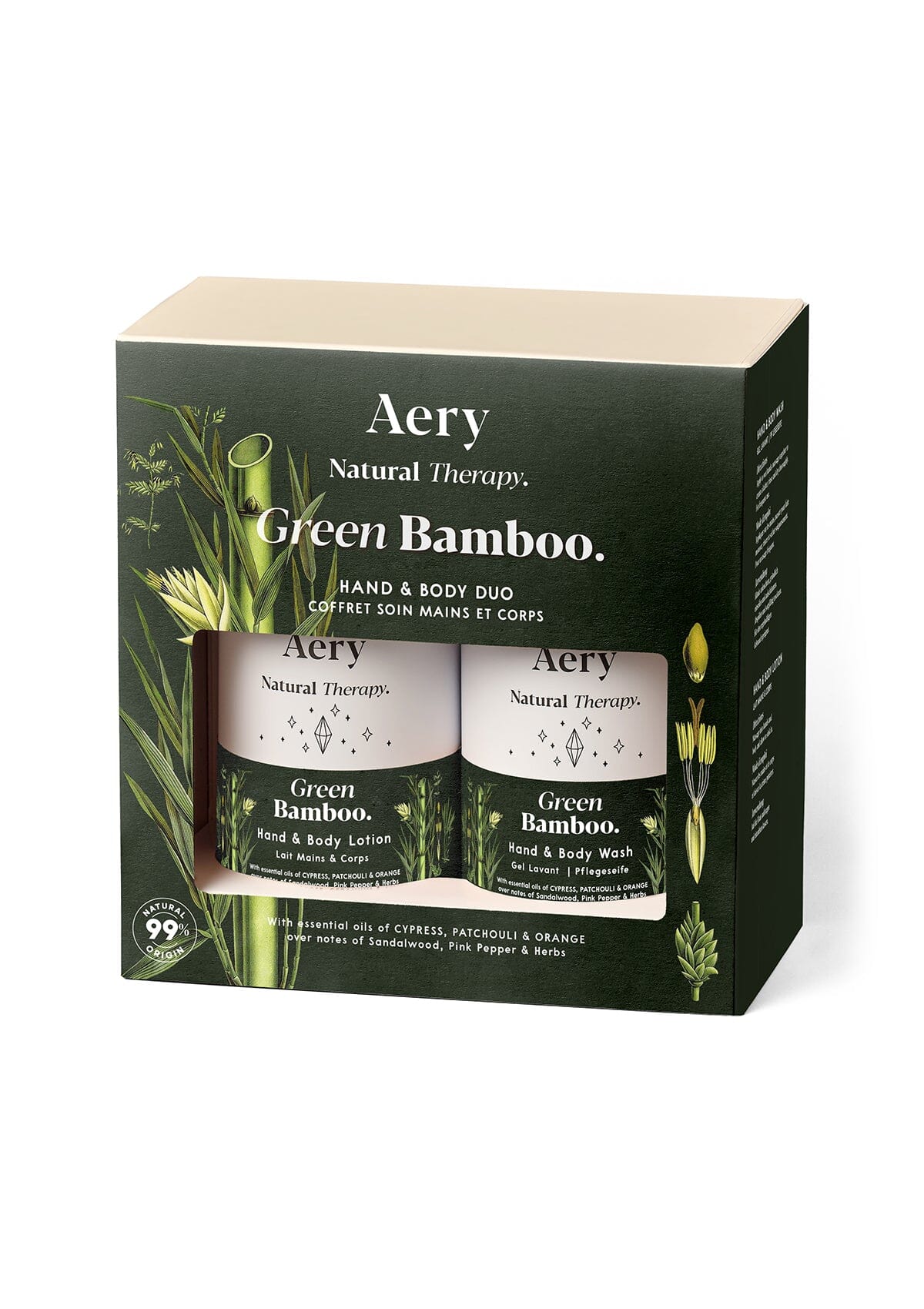 Green Bamboo  Hand and body duo displayed in product packaging by Aery on white background 