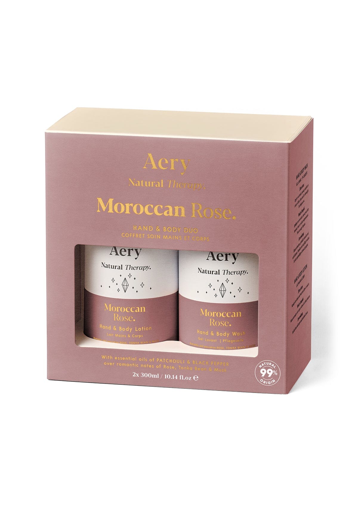 Aubergine Moroccan Rose hand and body duo displayed in product packaging by Aery on white background