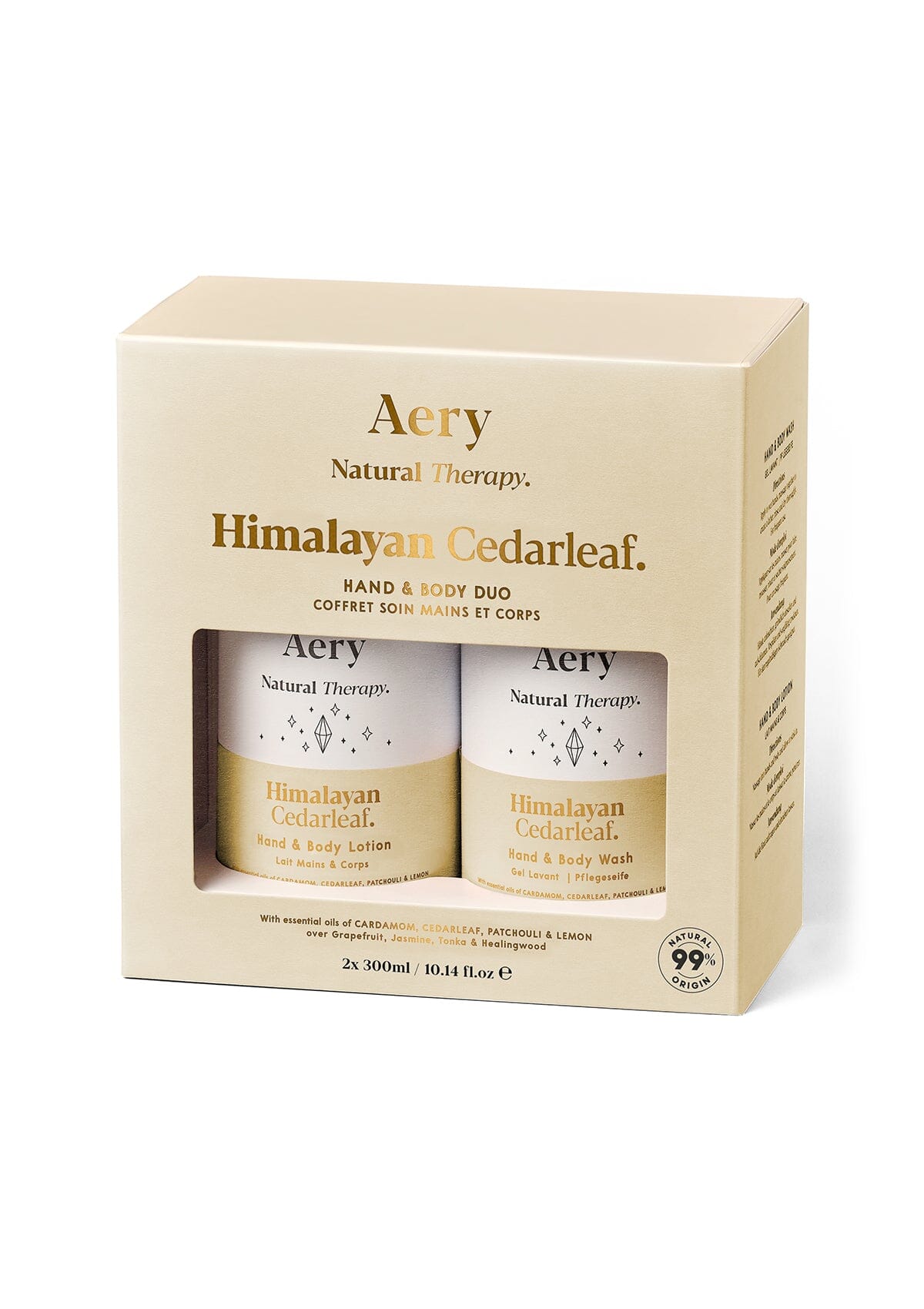 Cream Himalayan Cedarleaf  hand and body duo displayed in product packaging by Aery on white background