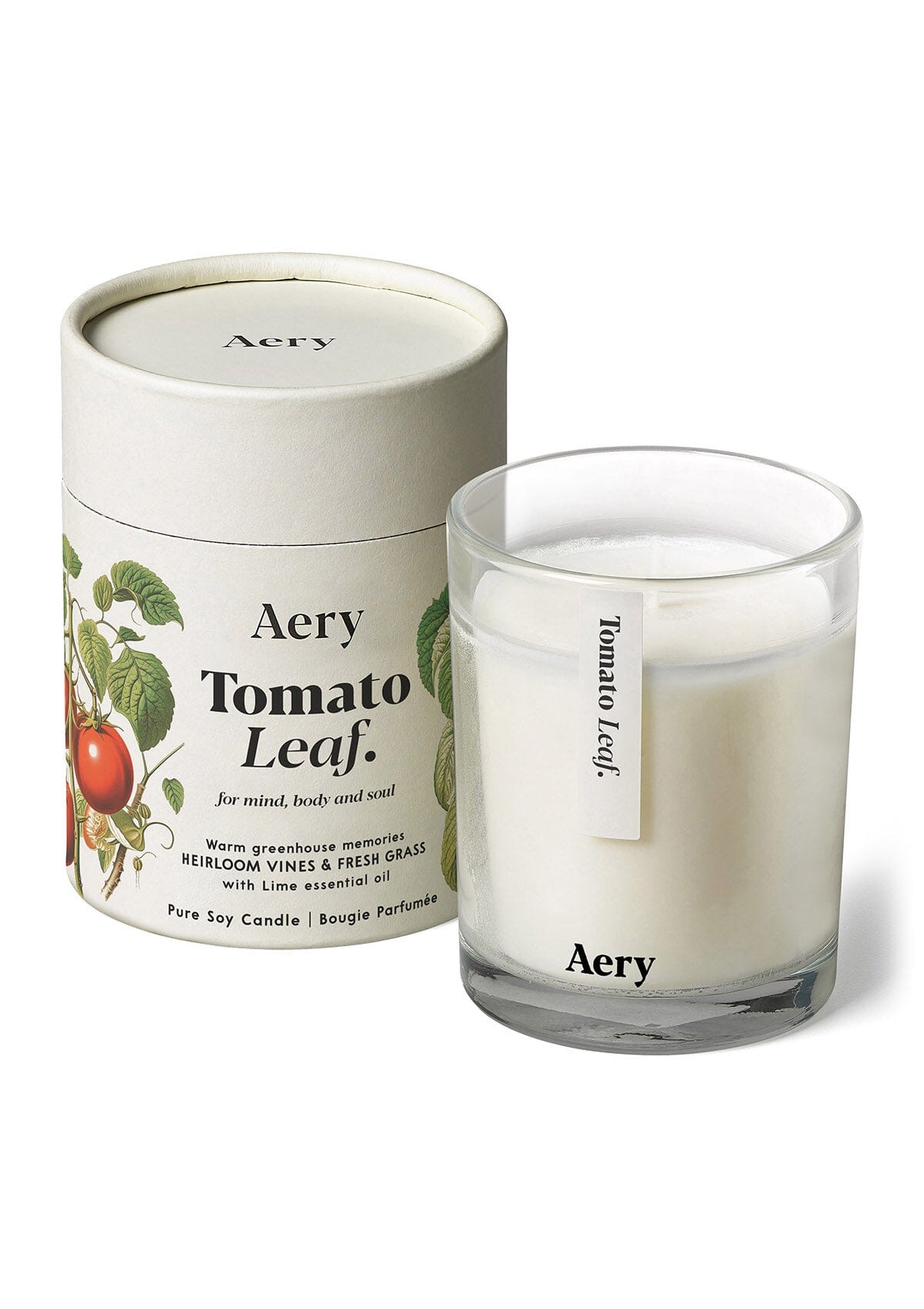 Tomato Leaf Cream candle displayed next to product packaging on white background 