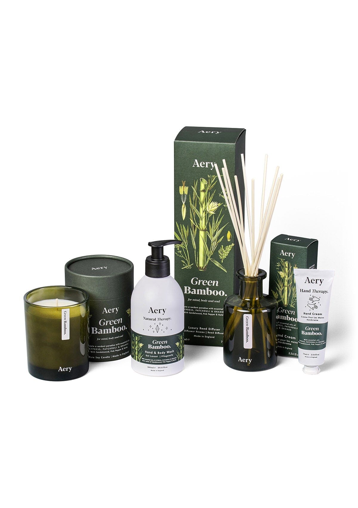 Green Bamboo diffuser, candle, hand cream and hand and body lotion by Aery displayed on white background 