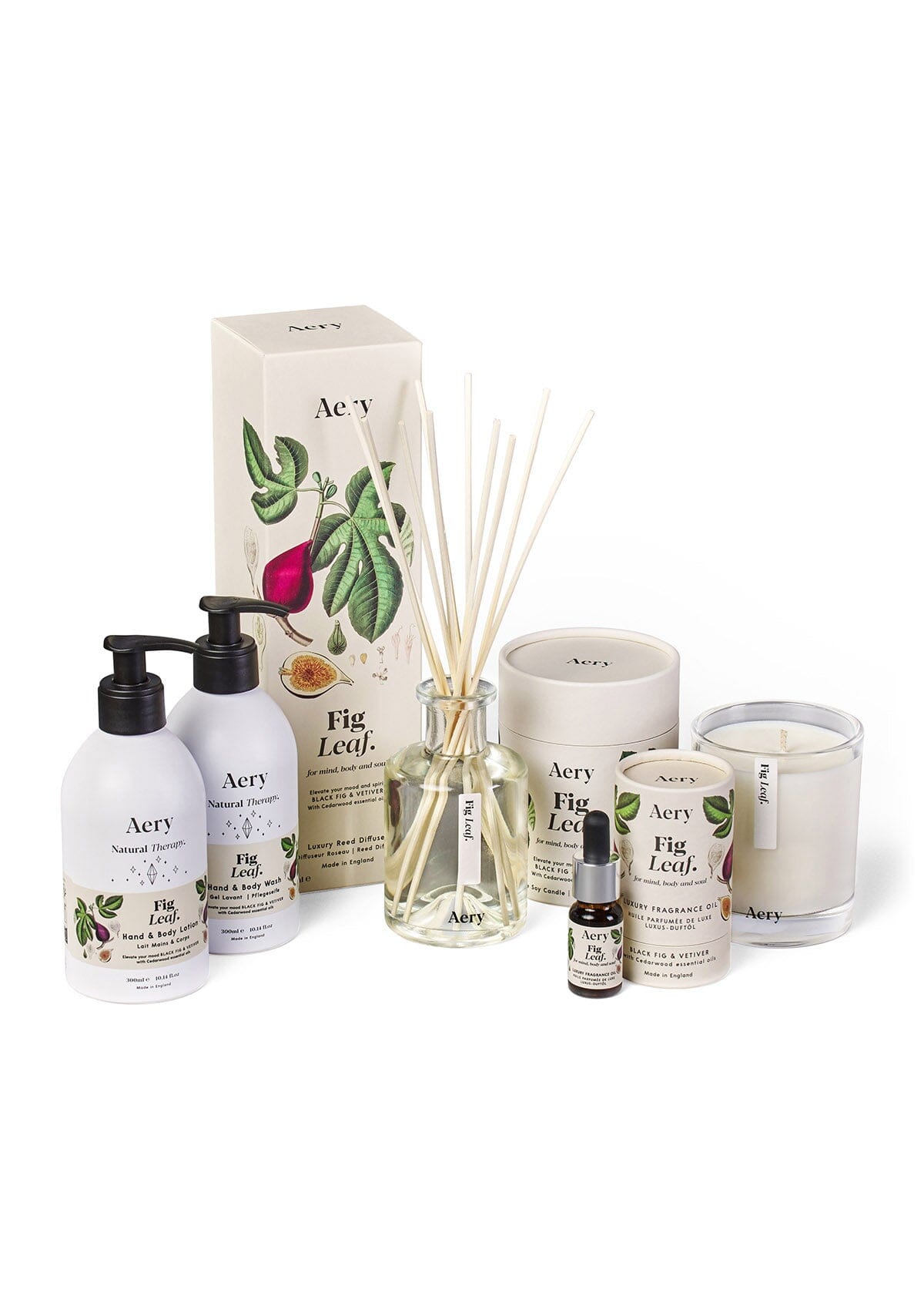 Cream Fig Leaf candle, diffuser, fragrance oil, hand and body wash and hand and body lotion by Aery displayed on white background 
