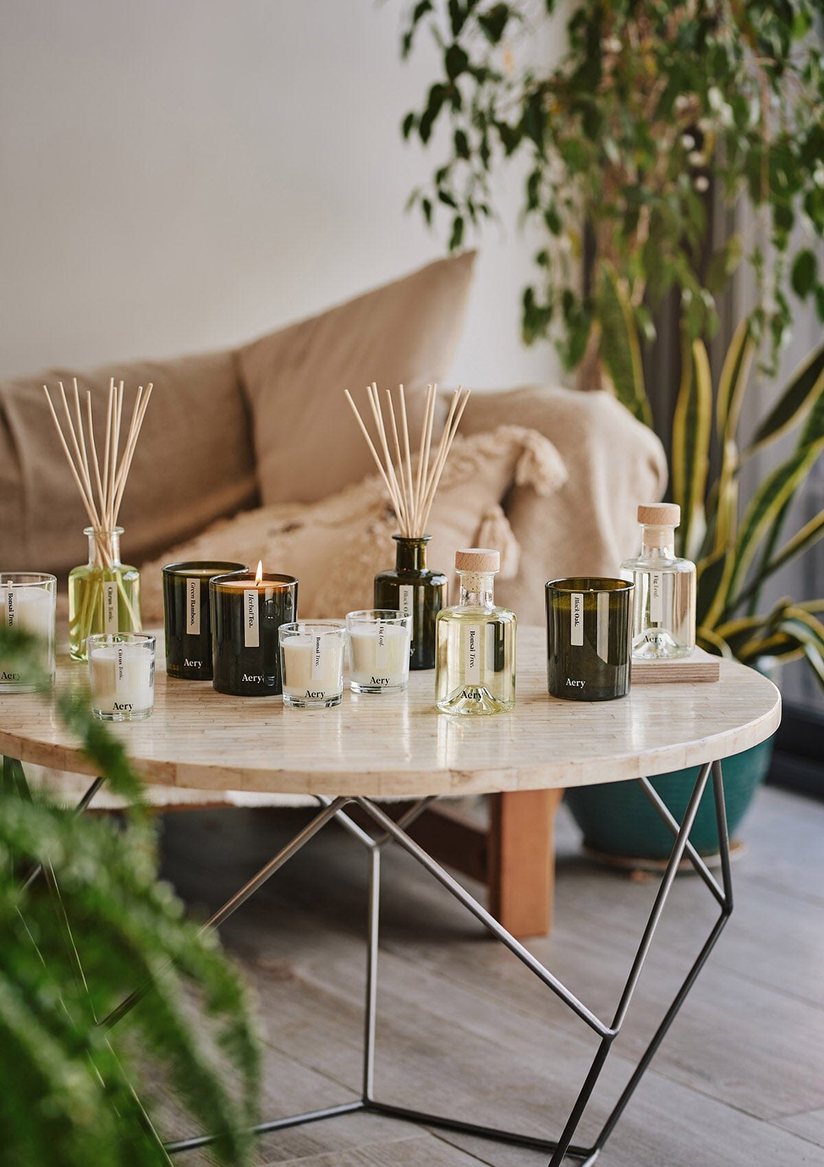 collection of botanical diffusers and candles by aery arranged together on cream circle table 