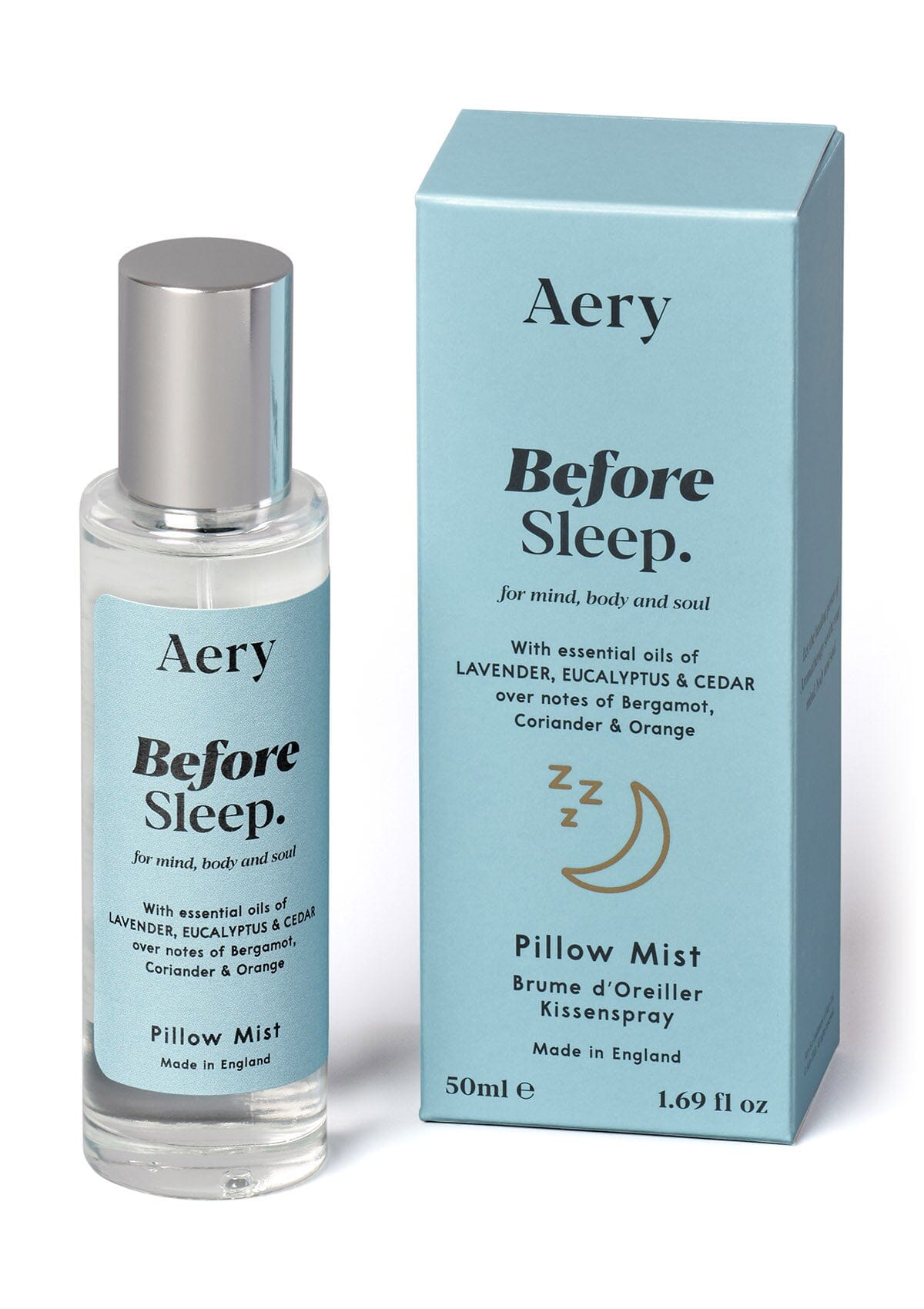 Blue Before Sleep pillow spray displayed next to product packaging by Aery on white background 