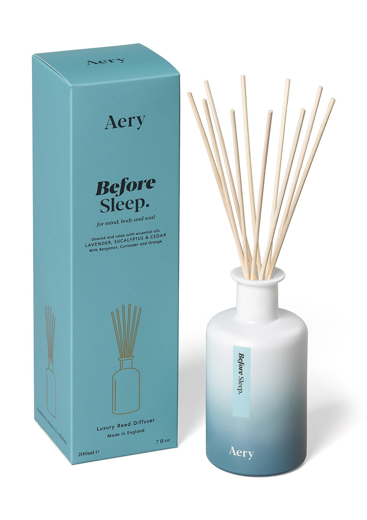Pale blue Before Sleep diffuser with product packaging by Aery 