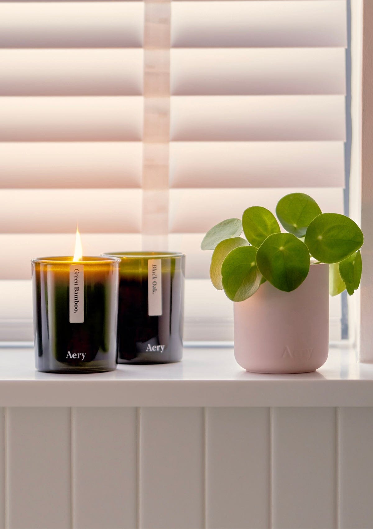 Green Bamboo candle by aery displayed next to black oak and pink aery plant pot sat on white window seal 