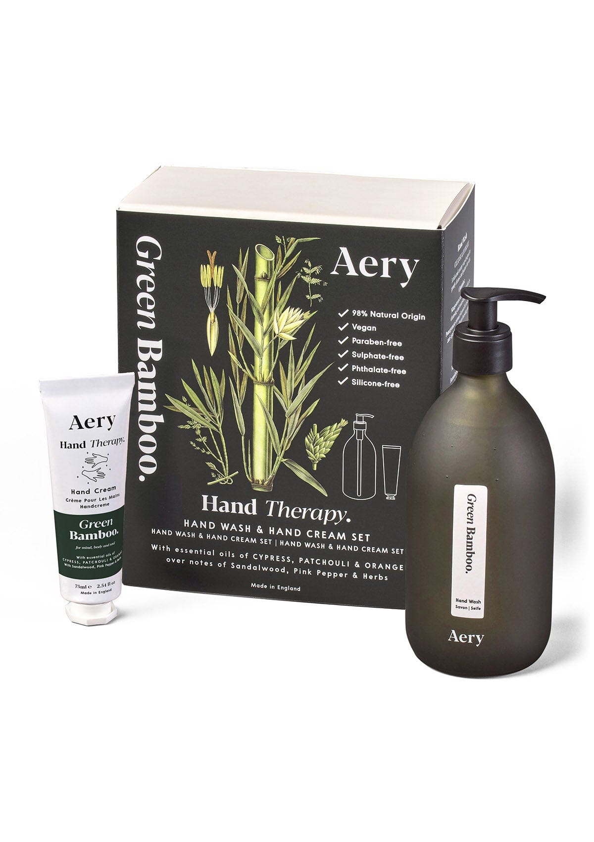 Green Bamboo Hand cream and wash set by Aery on white background 