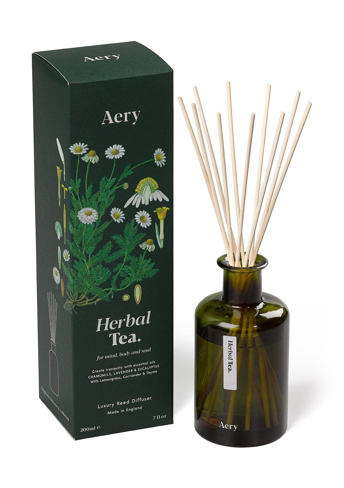 Green Herbal Tea diffuser displayed next to product packaging by Aery on white background 