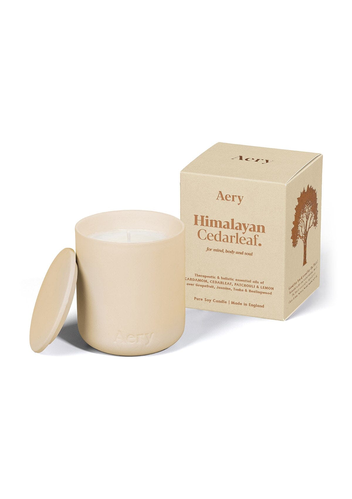 Cream Himalayan Cedarleaf ceramic scented candle displayed next to product packaging by Aery on white background  