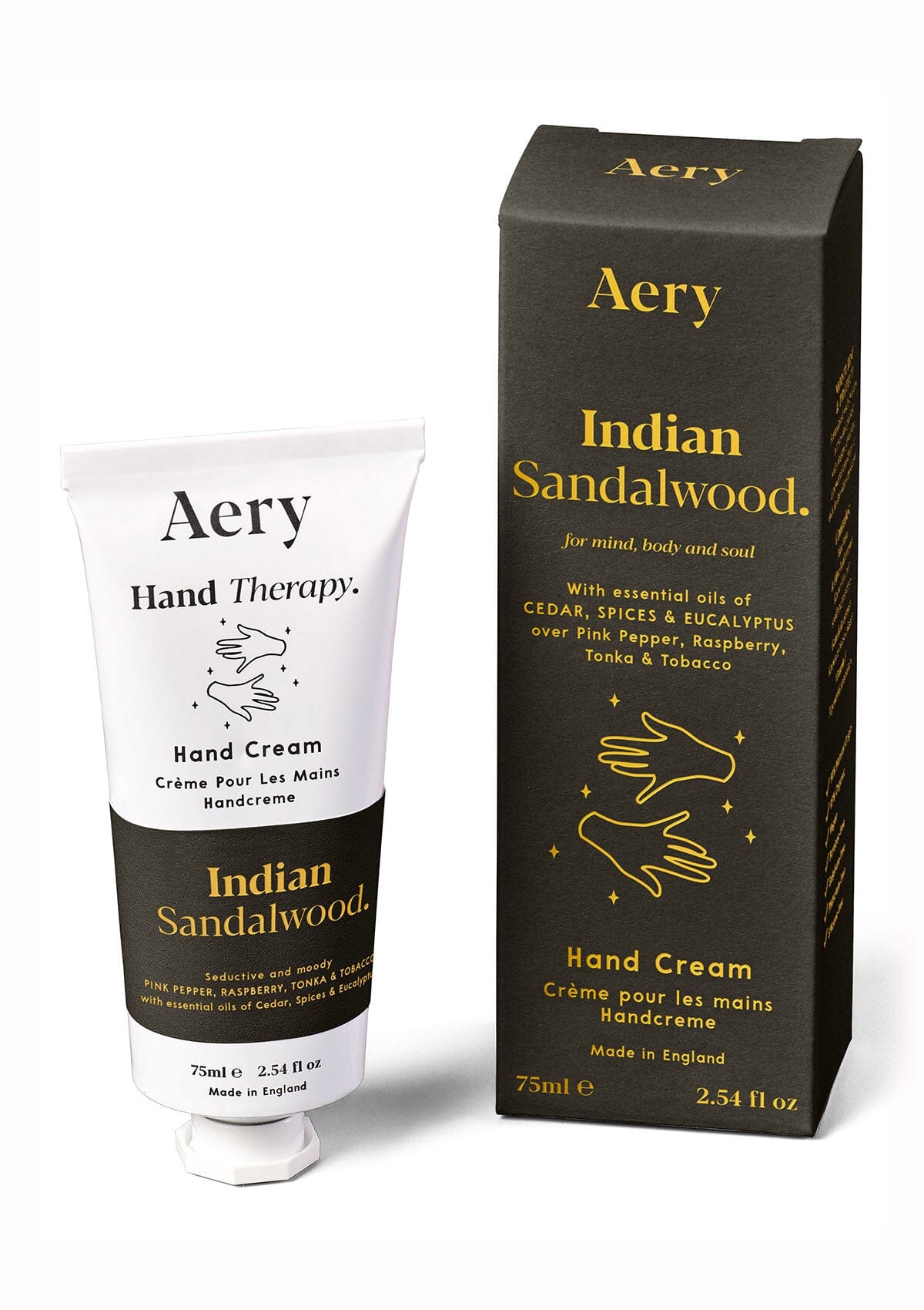 Black Indian Sandalwood hand cream displayed next to product packaging by Aery displayed on white background 