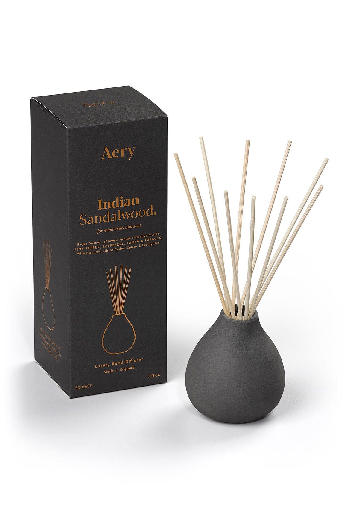 Black Indian Sandalwood diffuser with product packaging by Aery 