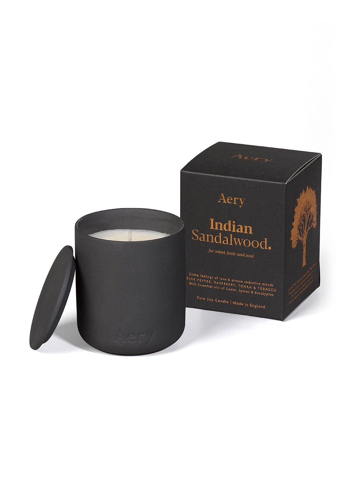 Black Indian Sandalwood ceramic scented candle displayed next to product packaging by Aery on white background 