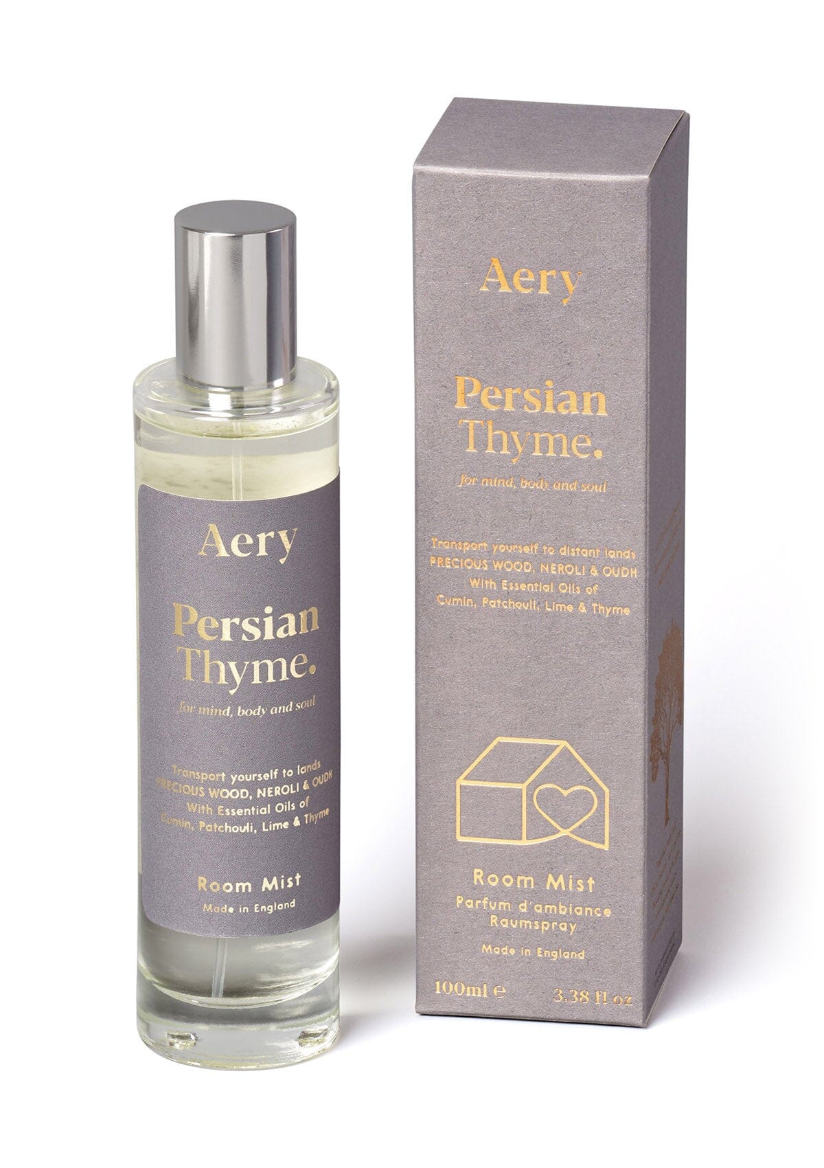 Grey Persian Thyme room mist displayed next to product packaging by Arey on white background 