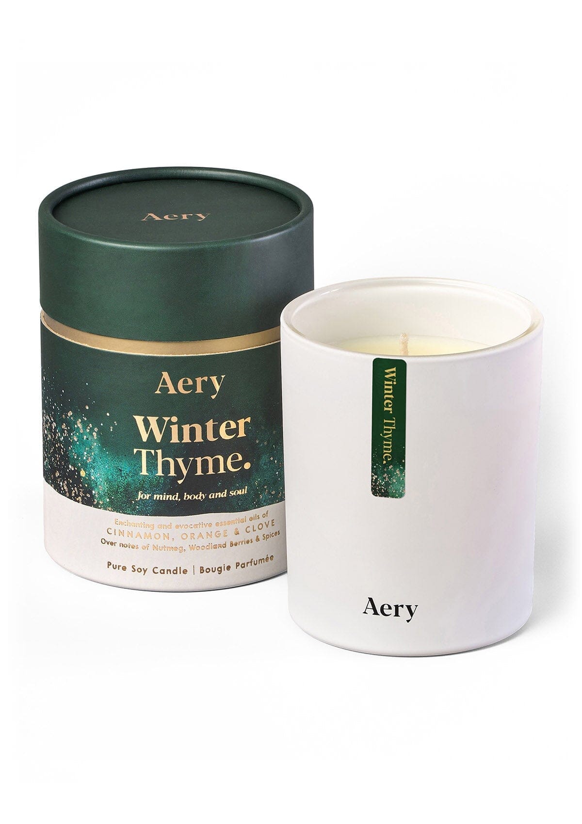 winter thyme christmas scented candle with decorative packaging