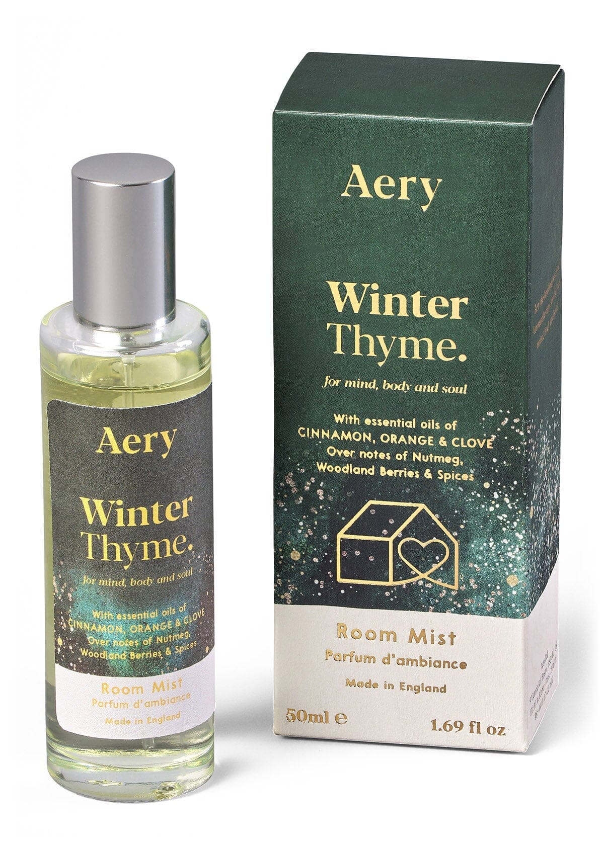 winter thyme room mist displayed next to decorative product packaging