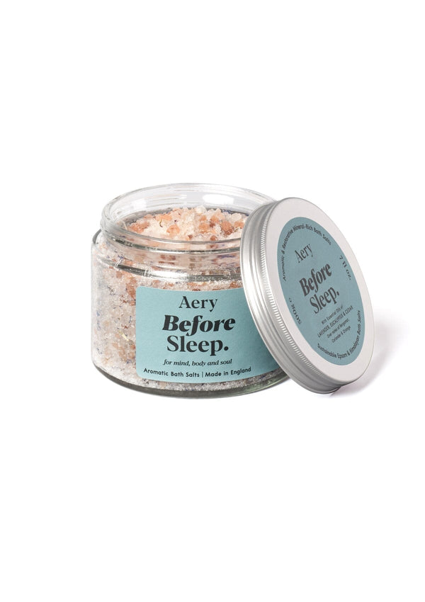 aery living before sleep bath salts in glass tub with blue label