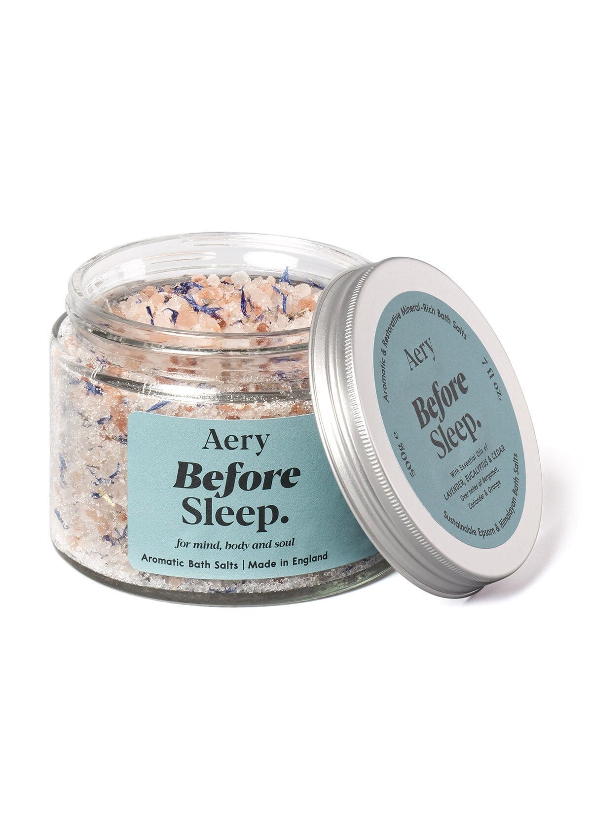 aery living lavender before sleep bath salts in a large jar with the lid removed to show salt contents.