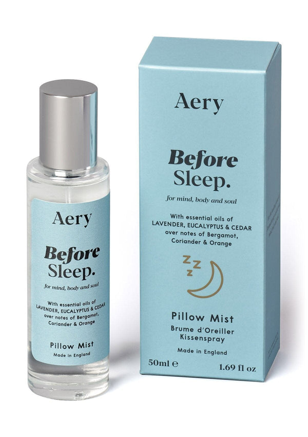 aery before sleep pillow mist bottle next to product packaging on a white background